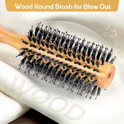 BFWood Round Brush for Blow Out, 1.2 Inch Natural Wooden Boar Bristle Hair Brush for Blow Drying, Curling, Styling & Volume