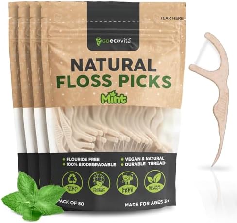 Biodegradable Floss Picks - Natural Straw Wheat Handle | Thin & Durable Thread for Tight Gaps! | Dental Flossers for Adults | Gentle on Gums & Teeth | Eco Friendly, Vegan, Natural (200 Pack, Mint)