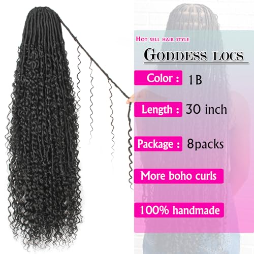 Goddess Locs Crochet Hair 30 Inch Faux Locs Crochet Pre-looped Boho Faux Locs with Curly Ends 8 Packs Long Bohemian River Locs Crochet Hair for Black Women(30Inch, 1B)
