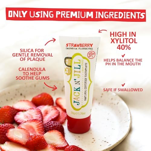 Jack N' Jill Natural Toddler Toothpaste - Fluoride Free Training Toothpaste for Toddlers 1-3, 40% Xylitol, BPA Free - Strawberry & Blueberry, 1.76 oz (Pack of 2)