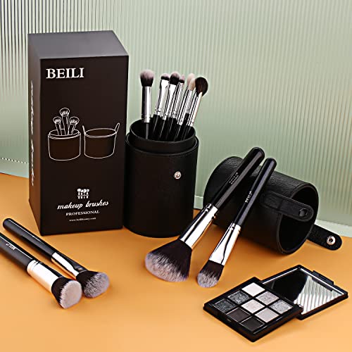 BEILI Makeup Brushes 12pcs Makeup Brushes Set with Holder Premium Synthetic Kabuki Foundation Brush Blending Blush Concealer Full Face Makeup Brushes Kit With Gift Box(Black)