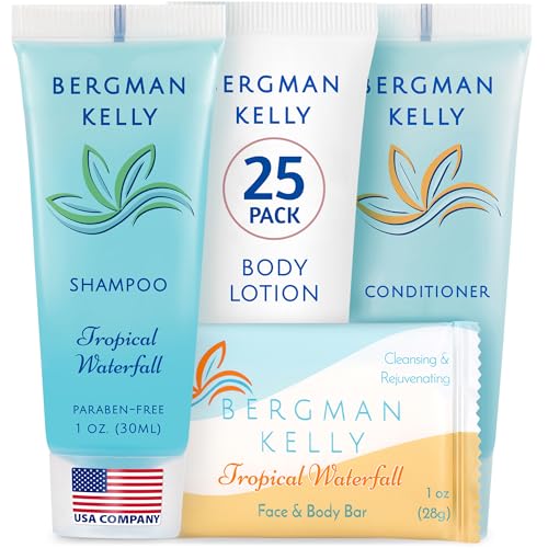Bergman Kelly - Hotel Toiletries Bundle - Tropical Waterfall, 1 oz each, 100 Pcs - 4-Piece Set: 25 Rectangular Bar Soap, 25 Shampoo, 25 Conditioner & 25 Body Lotion - Bulk Mini Guest Amenities Supply