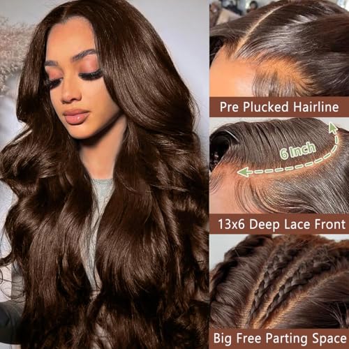 GOLFMAX 30 Inch Chocolate Brown Lace Front Wig Human Hair Body Wave 13x6 HD Lace Front Wigs Pre Plucked 200 Density Colored Brown Wig Human Hair Wigs For Women
