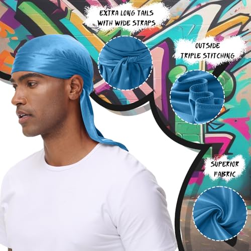 BIGEDDIE 12Pcs Durag Pack, Durags for Men Silky, Silk Durag for Men Women Waves, Satin Du rag with Long Tail and Wide Straps 12 Colors