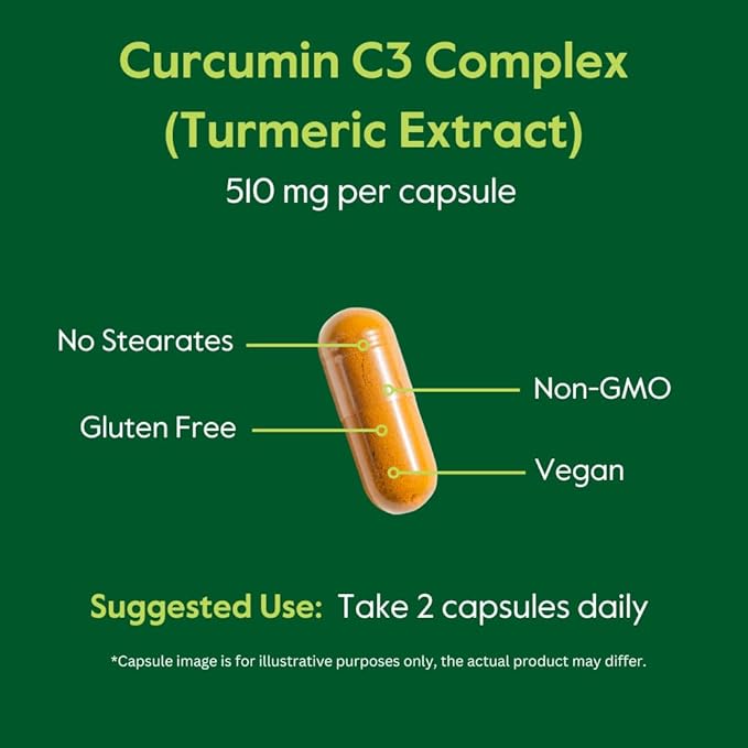 BESTVITE Curcumin 510mg (Turmeric)(240 Vegetarian Capsules) (120 x 2) with Curcumin C3 Complex & Bioperine - Standardized to 95% Curcuminoids - No Stearates - Vegan - Non GMO - Gluten Free