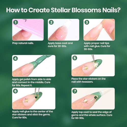 Beetles Spring Summer Gel Nail Polish Set Green Gel Polish White DIY Nail with Base and Top Coat Stellar Blossoms French Nails Stickers for Party Gift for Women