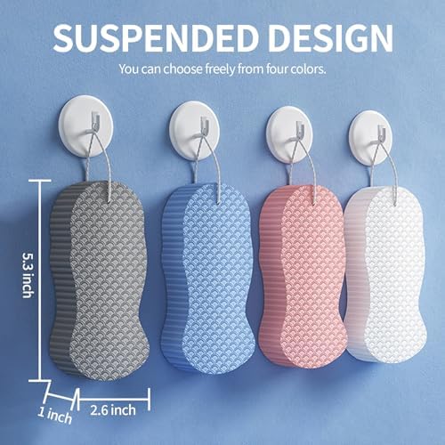 Berosely Radiant Skin Sponge - Exfoliating Body Scrubber for Sensitive Skin, Shower & Bath Use, Deep Cleansing with Soft High-Density Sponge, Gentle Exfoliation, Hanging Rope (Grey+Blue+Pink+White)