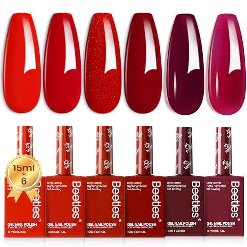 Beetles Red Gel Nail Polish Set-15ML 6 Colors Shimmer Bloody Red Burgundy Gel Polish Kit Soak Off UV Full Size Nail Polish Nail Art Salon Design DIY Gift for Women Colorful Bottle