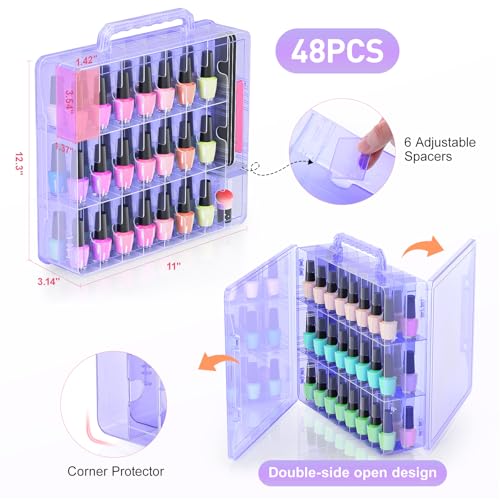 Beloving Nail Polish Organizer Case for 48 Bottles Nail Polish Holder with Adjustable Divider, Gel Nail Polish Storage Double Side Organizer Case for Storage Display, Purple