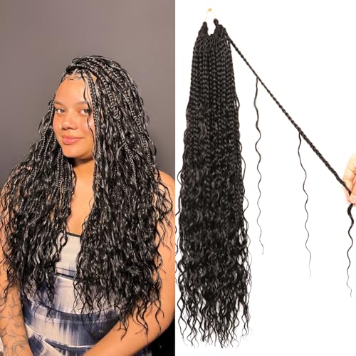Goddess Box Braids Crochet hair -24 Inch 9 Packs Water Wave Boho Crochet Braids for Black Women (1B#, 24 Inch (Pack of 9))