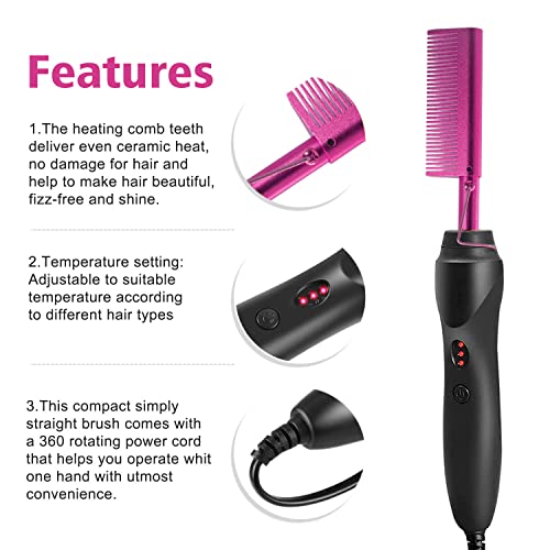 Goiple Electric Hot Comb Pink Hair Straightener Electrical Straightening Comb Curling Iron for Natural Black Hair Wigs with Wide Tooth/Rat Tail Comb, Wax Stick, Wig Cap, Edge Band, Hair Clips