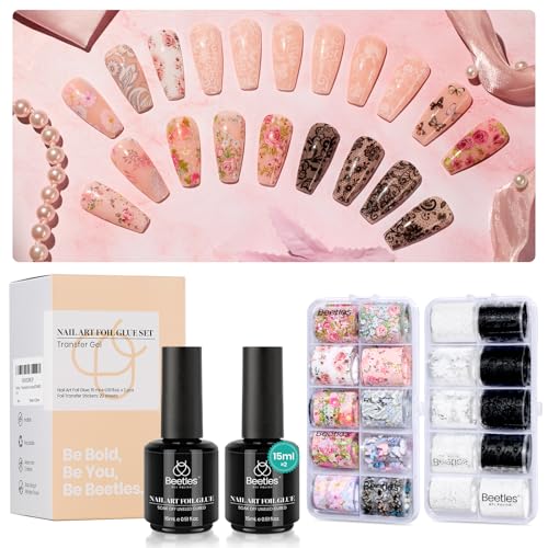 Beetles Nail Foil Glue Gel 2Pcs 15ml with 20 Pcs Lace Flower Butterfly Stickers Transfer White Black Lace Nail Foil Set, LED Lamp Soak Off DIY Manicure Gifts for Women