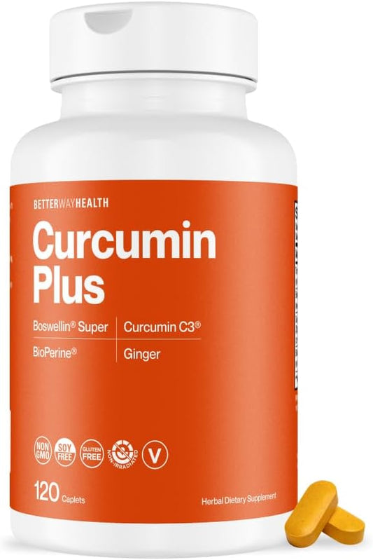 Better Way Health™ - Curcumin Plus - Turmeric Curcumin C3® Complex + Boswellin® Super, BioPerine®, and Ginger - Promotes Joint & Immune Health - 120 Caplets