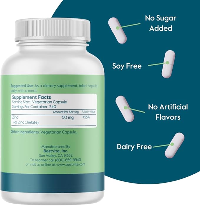 BESTVITE Zinc Chelate 50mg (480 Vegetarian Capsules) (240 x 2) - No Stearates - Vegan - Non GMO - Gluten Free