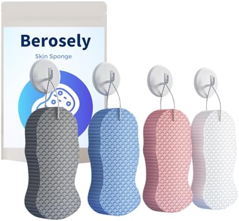 Berosely Radiant Skin Sponge - Exfoliating Body Scrubber for Sensitive Skin, Shower & Bath Use, Deep Cleansing with Soft High-Density Sponge, Gentle Exfoliation, Hanging Rope (Grey+Blue+Pink+White)