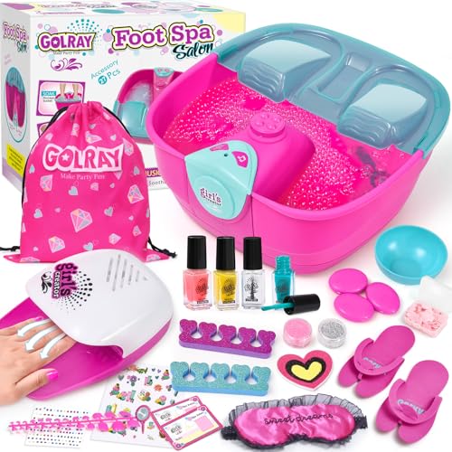 Golray Kid Foot Spa & Nail Kit, Girl Gift for 5 6 7 8-12 Year Old Toys Manicure Pedicure Art Salon, Massage Bubble & Music Foot Soak Tub, Spa Day Sleepover Party Supply Christmas Girl Birthday Gift
