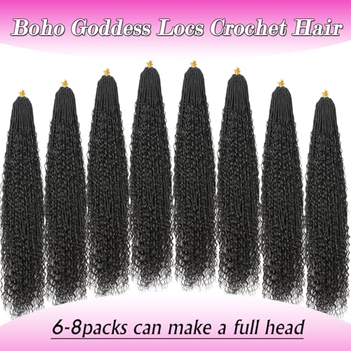 Goddess Locs Crochet Hair 30 Inch Faux Locs Crochet Pre-looped Boho Faux Locs with Curly Ends 8 Packs Long Bohemian River Locs Crochet Hair for Black Women(30Inch, 1B)