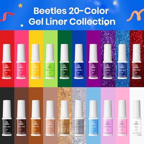 beetles Gel Polish Nail Art Gel Liner Nail Polish Set- 20 Colors Liner Gel Polish Pink Blue White Red Brown Glitter Gel Nail polish Soak Off UV Gel Built Thin Nail Brush in Bottle Gifts for Women