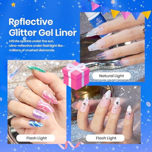 Beetles Nail Art Gel Liner Polish 12 Colors Reflective Glitter Gel Nail Polish, Gold Silver Pink Blue Purple Brown Black Kit Soak Off Uv Nail Art Design Set Summer Manicure Gifts for Women