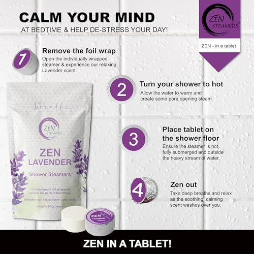 Lavender Shower Steamers by Zen - Aromatherapy (Pack of 15) Extra Large Shower Bombs with Essential Oils Self Care Relaxation Stress Relief