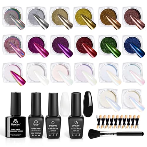 Beetles 20 Colors Metallic Chrome Nail Powder, Metallic nail polish Chrome Powder Mirror Effect Holographic Aurora Nail Art 0.5g/Jar, with Top Coat & Decoration Sealing Gel Black White Gel Polish