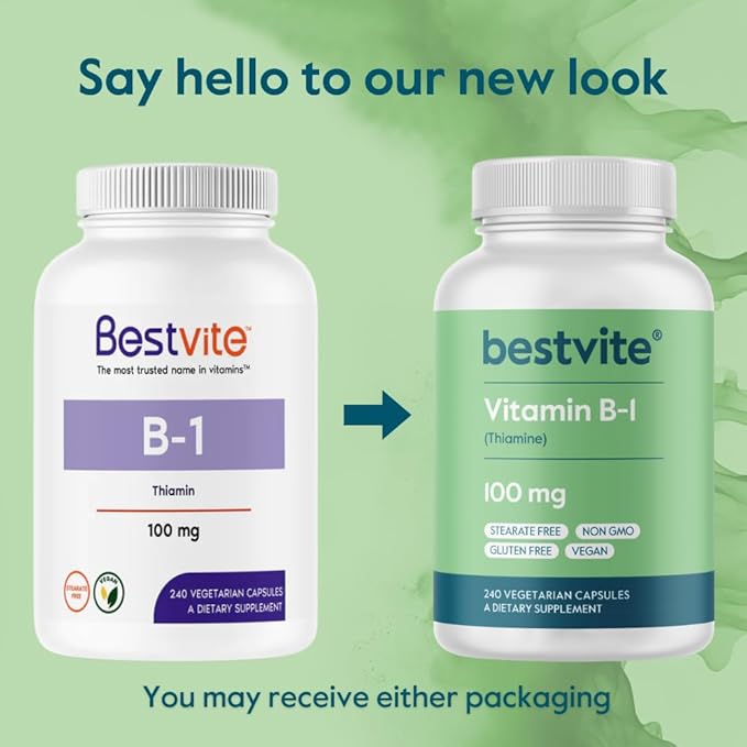 BESTVITE Vitamin B-1 100mg (240 Vegetarian Capsules) - No Stearates - No Dicalcium Phosphate - Vegan - Non GMO - Gluten Free