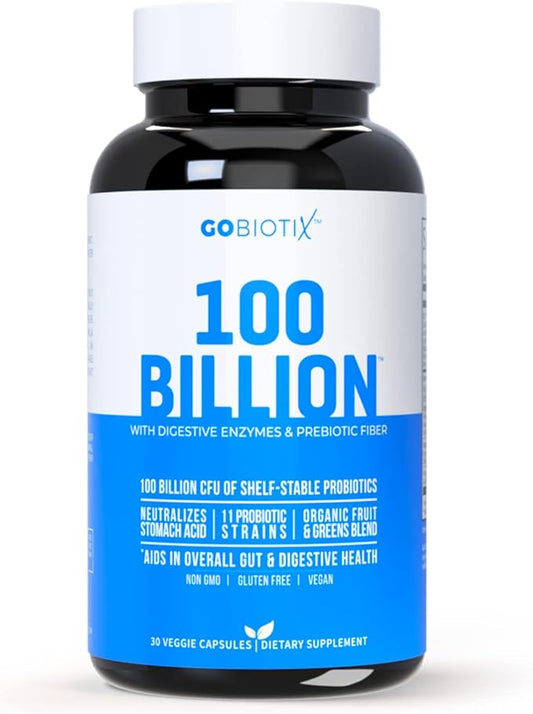 GOBIOTIX 100 Billion - Digestive Enzymes Supplement - Probiotics Multivitamin - Prebiotic Fiber Blend - 100 Billion CFU - Organic Fruit and Greens Blend - Vegan, Non GMO - 30 Capsules