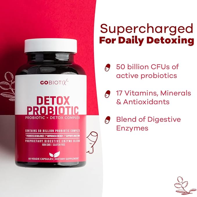 GOBIOTIX Detox Probiotic Supplement for Digestive Health - Milk Thistle, Turmeric, and Dandelion Root, Enzymes for Gut Health - 50 Billion CFU - 60 Capsules
