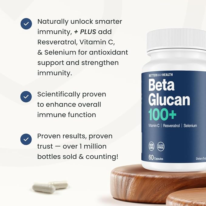 Better Way Health™ - Advanced Immune Readiness - Highly Purified 1,3/1,6 Beta Glucan + Vitamin C, Resveratrol, and Selenium - 60 Capsules (Pack of 1)