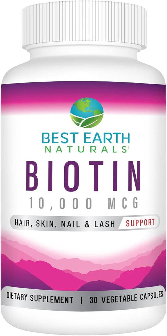 Best Earth Naturals Biotin 10,000mcg - Extra Strength Biotin Vitamin Supplement to Support Hair Growth, Strong Nails, Long Eye Lashes and Healthy Skin