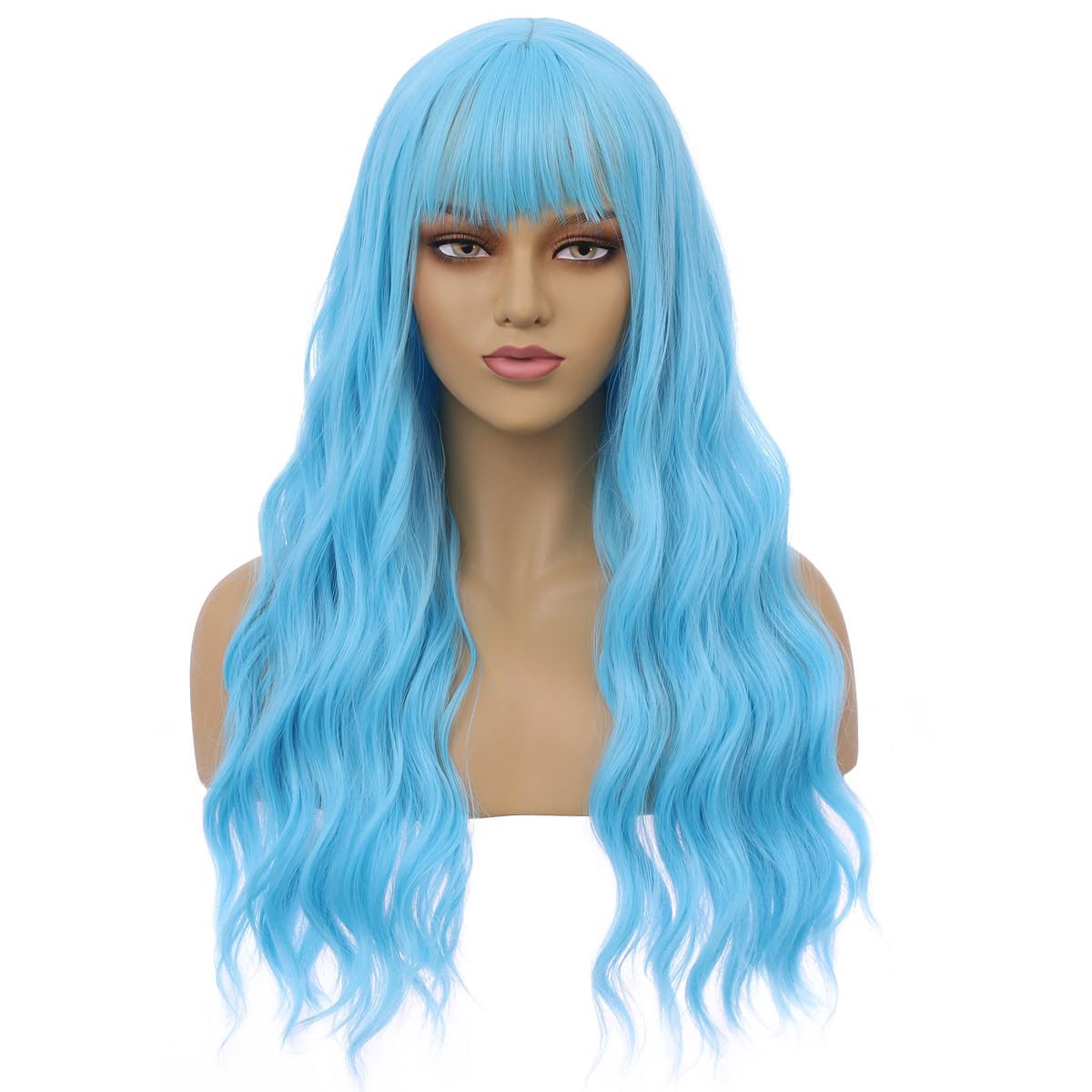 BERON 23 Inches Blue Wig Long Curly Wig with Bangs Synthetic Wig Women Girls Wig Sky Blue Wigs with Wig Cap