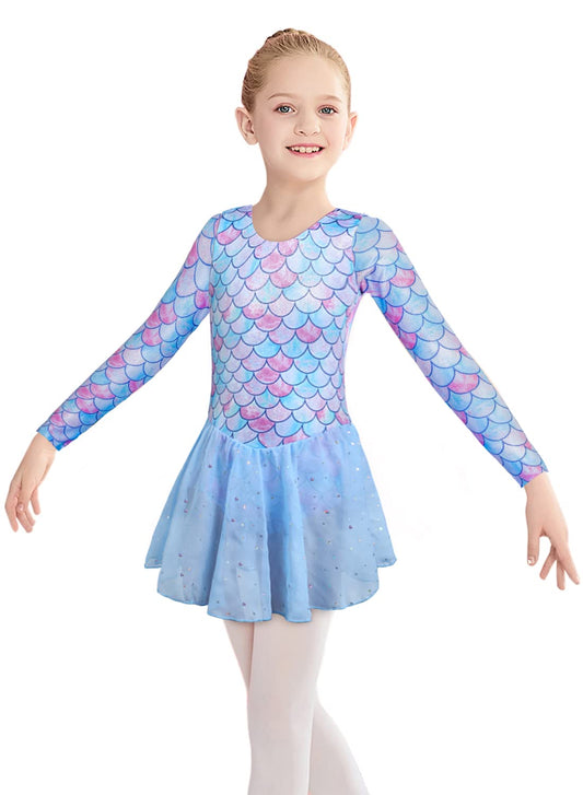 Belovance Dance Leotards for Girls Gymnastics Ballet Dress 2t 3t 24 MonthsToddler Kid Long Sleeves Blue Mermaid Tutu Skirted Leotard (Mermaid Long Sleeve, 2-3T)