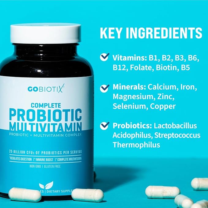 GOBIOTIX Multivitamin with Probiotics and Digestive Enzymes - 25 Billion CFU - Digestive Health, Probiotics for Women and Men - Gluten Free Pills - 90 Capsules