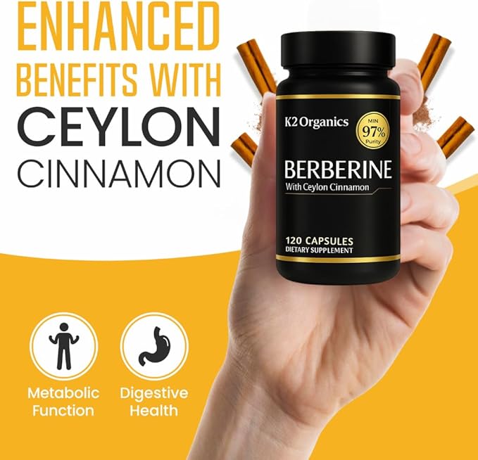 Berberine with Ceylon Cinnamon 1200mg – 97% Purity- Non-GMO, Gluten-Free, Lab-Tested Vegan Berberine Supplement (120 Count (Pack of 1))