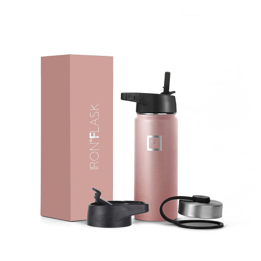 IRON °FLASK Camping & Hiking Hydration Flask, Wide Mouth, 3 Straw Lids, Stainless Steel Outdoor Water Bottle, Double Walled, Insulated Thermos, Metal Canteen - Rose Gold, 18 Oz