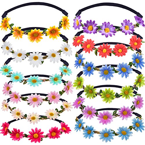 Bememo 12 Pieces Flower Headband Girl Women Daisy Flower Crown Hippie Floral Wreath Headband for Festival Wedding Bridal Party (Classic)