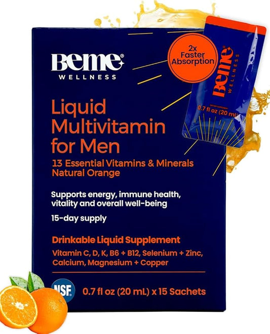 BeMe Liquid Multivitamin for Men - Clinically Tested Mens Multivitamin, 2X Faster Absorption & High Bioavailability - A, B-Complex, C, D, E, K, Calcium, Zinc, Magnesium - Non-GMO, Soy, Dairy Free
