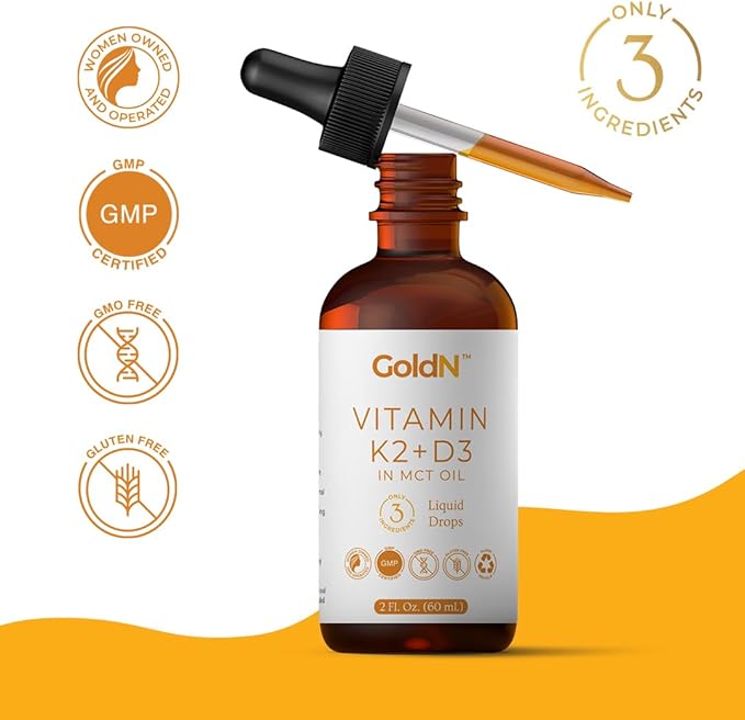 GoldN™ Vitamin K2+D3 Liquid Drops | 10,000 IU D3 & 200 mcg K2 | Bone, Heart & Immune Support | Non-GMO, Additive-Free, MCT & Organic Olive Oil | 60 Servings | High-Potency Liquid Formula