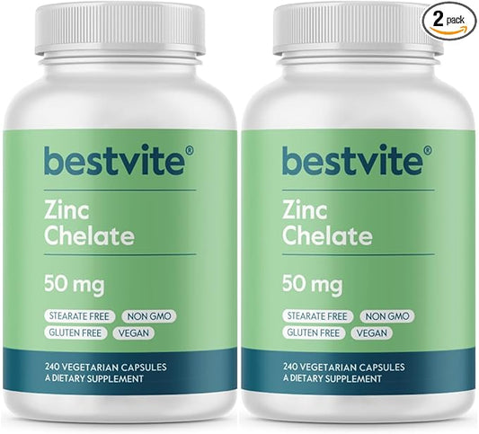 BESTVITE Zinc Chelate 50mg (480 Vegetarian Capsules) (240 x 2) - No Stearates - Vegan - Non GMO - Gluten Free