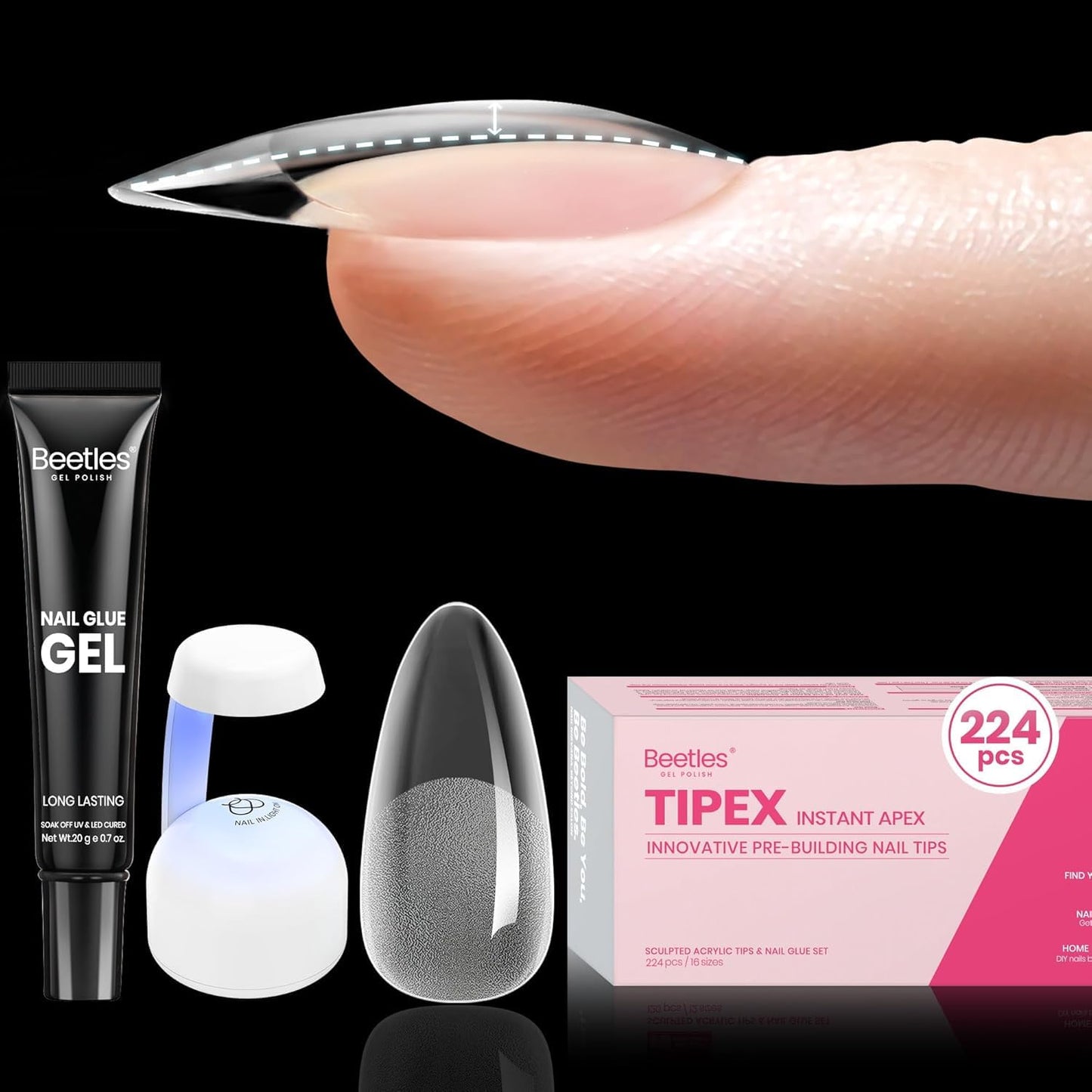 Beetles Tipex Gel Nail Kit, Medium Almond Nail Tips 224 Pcs Pre-Building Pre-Etched Almond False Nail Tips with UV Nail Glue, LED Mini Nail Lamp Thick Acrylic Nail Set for Women