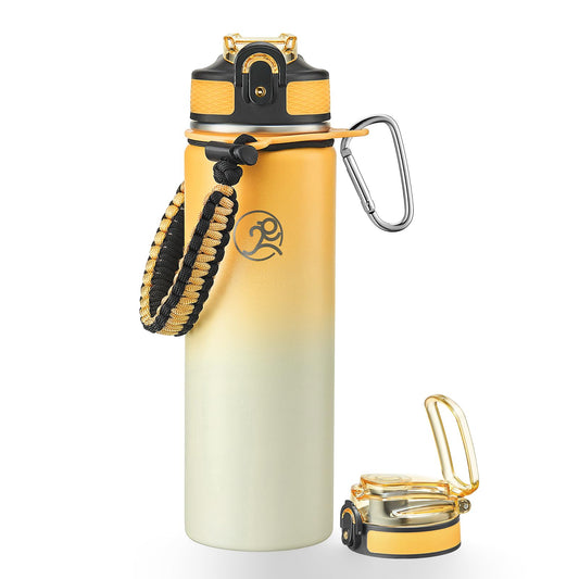 GOSWAG Insulated Sports Water Bottle, 24oz 2 Lids(with Straw/No Straw), Stainless Steel Water Bottles with Paracord Handle, Insulated Thermos with Double-Wall Vacuum Insulation