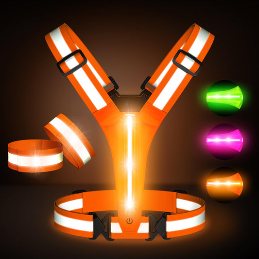 Led Light Up Running Vest Reflective Vest for runners night walking, Rechargeable LED Reflective Running Vest High Visibility with Adjustable Waist/Shoulde, Reflective Armband for Women Men (Orange)