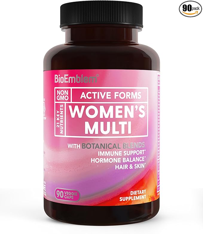 BioEmblem Women's Multivitamin - Complete Daily Multi for Immunity, Energy, Hair, Skin with Vitamin A, B12, B6, D3, Biotin, Iron, Magnesium, Collagen and Veggie Blends - Gluten Free - 90 Capsules