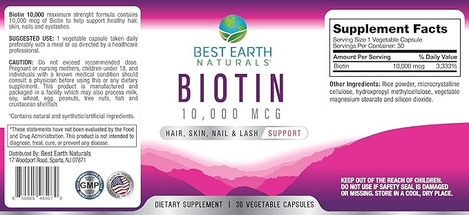 Best Earth Naturals Biotin 10,000mcg - Extra Strength Biotin Vitamin Supplement to Support Hair Growth, Strong Nails, Long Eye Lashes and Healthy Skin