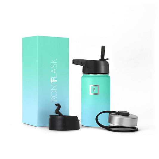 IRON °FLASK Camping & Hiking Hydration Flask, Wide Mouth, 3 Straw Lids, Stainless Steel Outdoor Water Bottle, Double Walled, Insulated Thermos, Metal Canteen - Sky, 14 Oz
