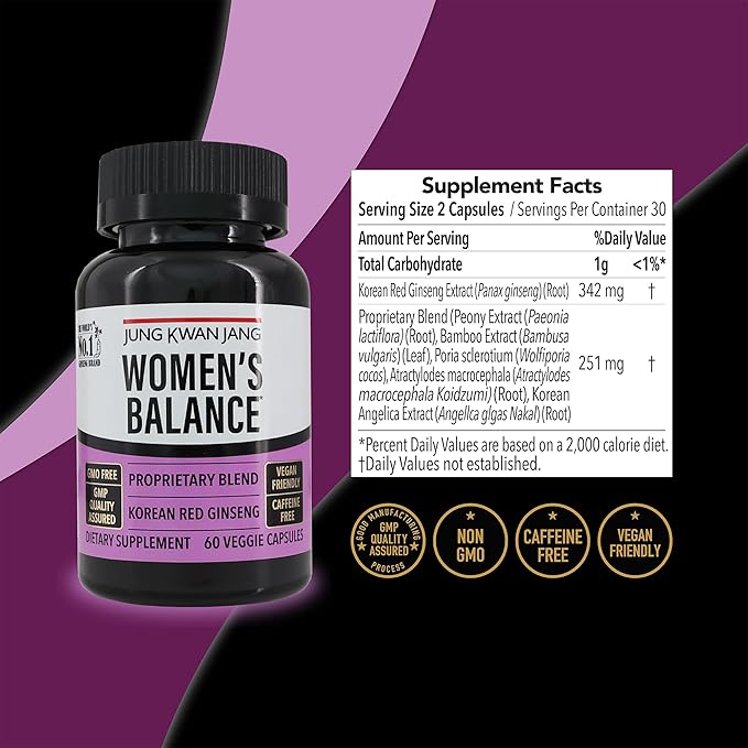JungKwanJang Women's Balance with Korean Red Ginseng for Energy Level, Digestive System, and Cognitive Health Supplement, 60 Capsules