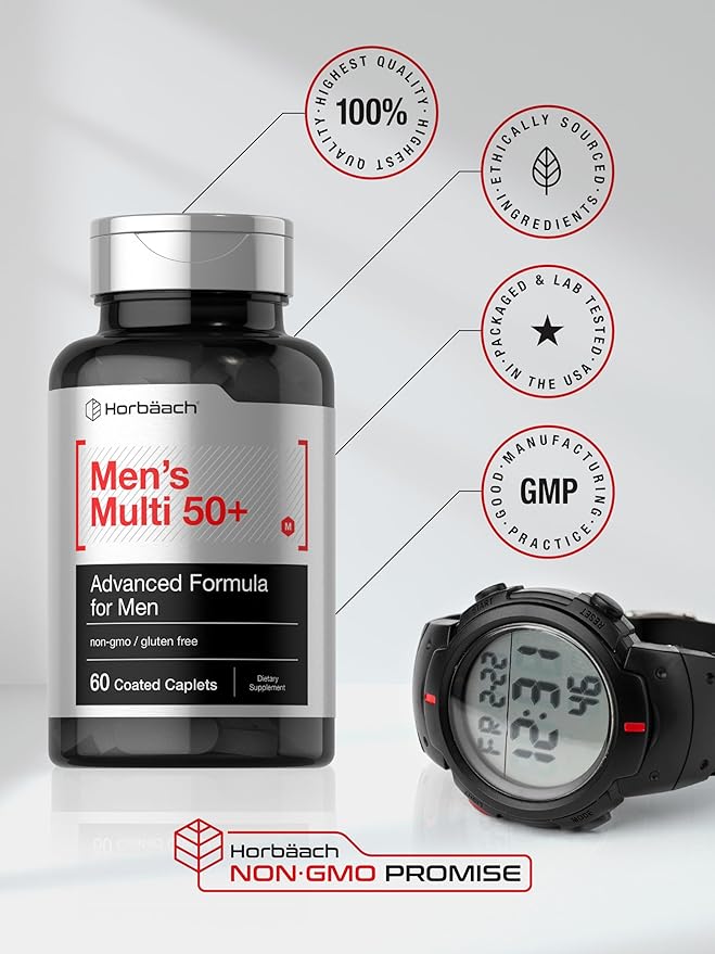 Horbäach Mens Multivitamins 50 Plus | 60 Caplets | with Calcium, Magnesium, Vitamin A, B, C, D & E | 50+ Advanced Formula | Non-GMO & Gluten Free Supplement