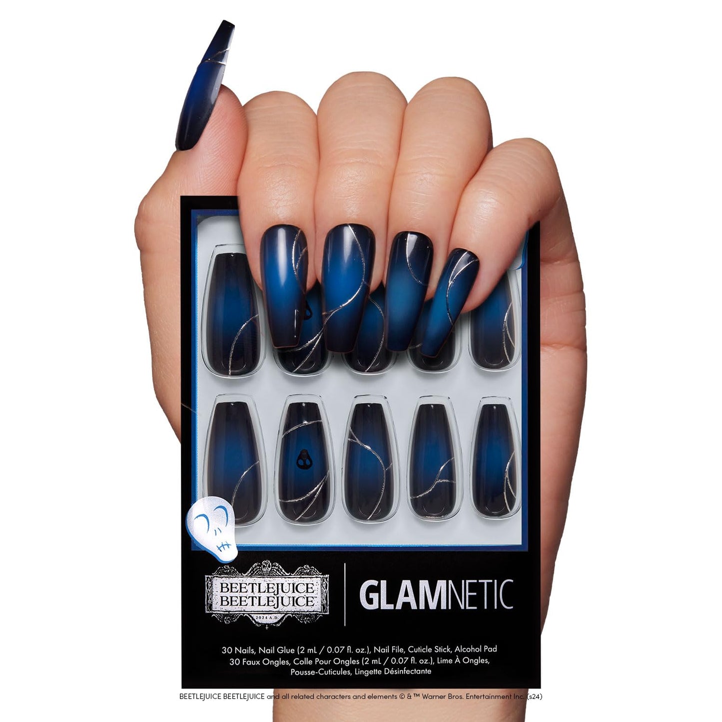 Beetlejuice Beetlejuice™ x Glamnetic Press On Nails - Ghost House™| Opaque Black & Navy Graphic Long Coffin False Nails, Reusable Stick On Fake Nails with Glue | Salon Quality | 15 Sizes - 30 Nail Kit