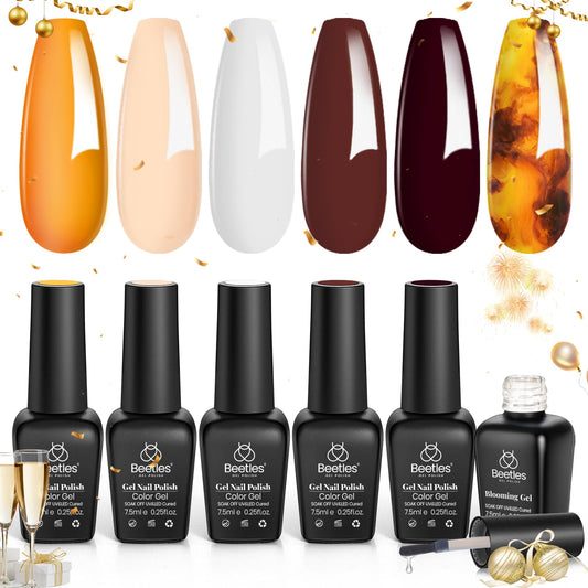 Beetles Gel Nail Polish with Blooming Gel Amber Attraction 5 Colors Gel Polish White Wine Gel Polish Set 1pcs Clear Blooming Gel Polish Soak Off Uv Gel Polish Set for Women