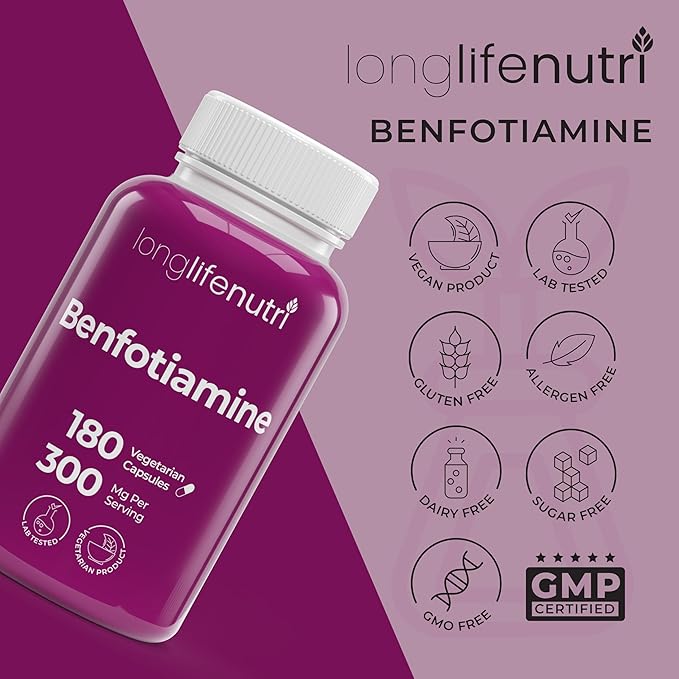 Benfotiamine 300mg – 180 Vegetarian Capsules, 6-Month Supply, Fat-Soluble B1 Thiamine Supplement for Energy and Wellness, Lab Tested, Made in USA